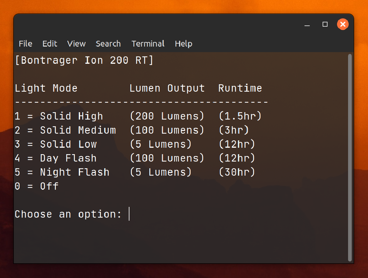A screenshot of a BASH script I wrote to control my bike lights.