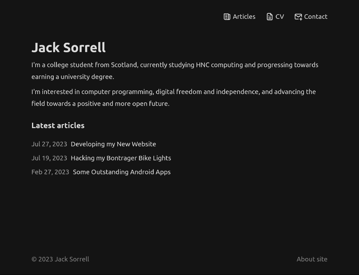 The current iteration of my site&rsquo;s homepage at the time of writing.