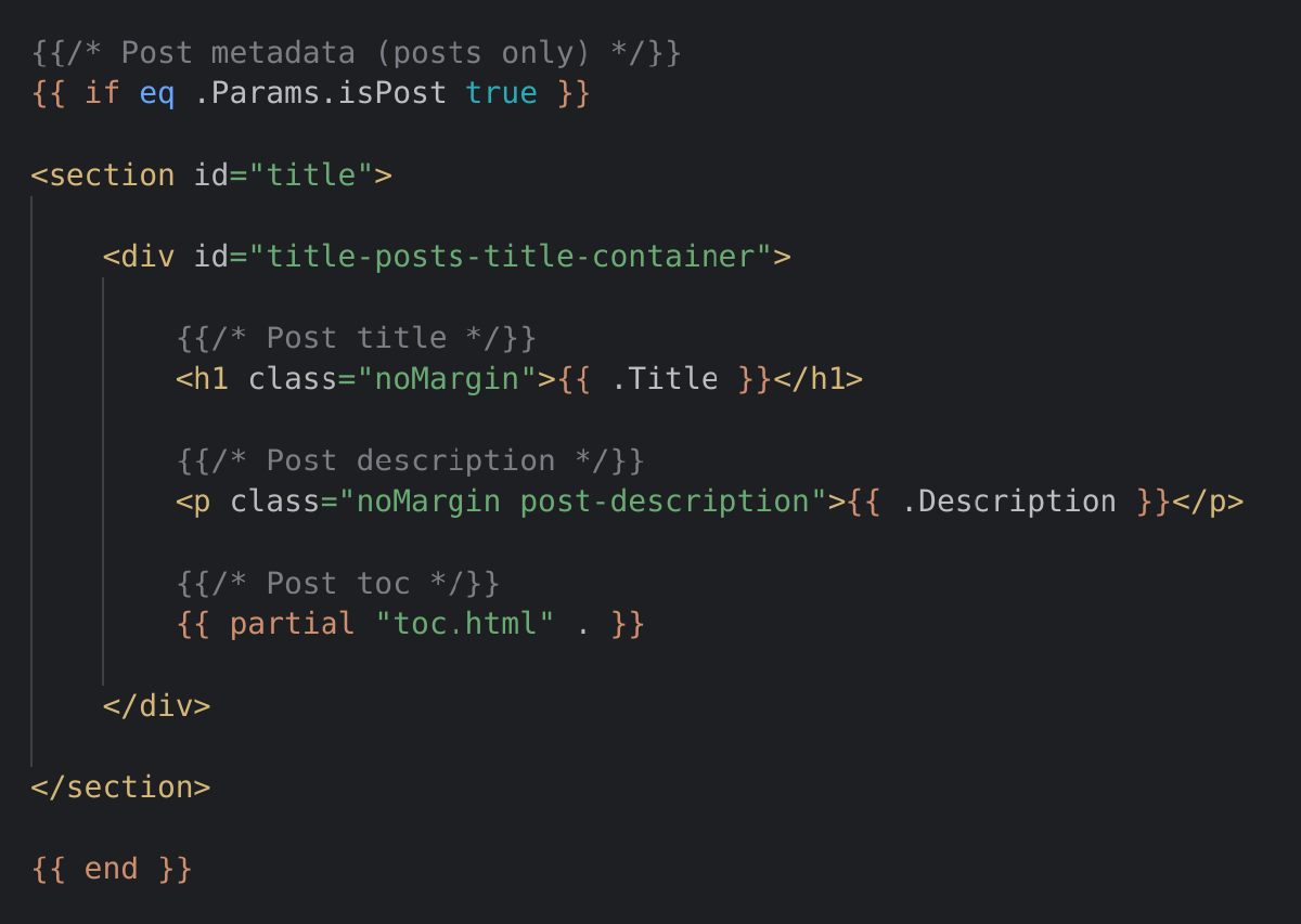 The HTML and GO code that handles displaying the unique metadata of each article at the top of my article pages, including this one.