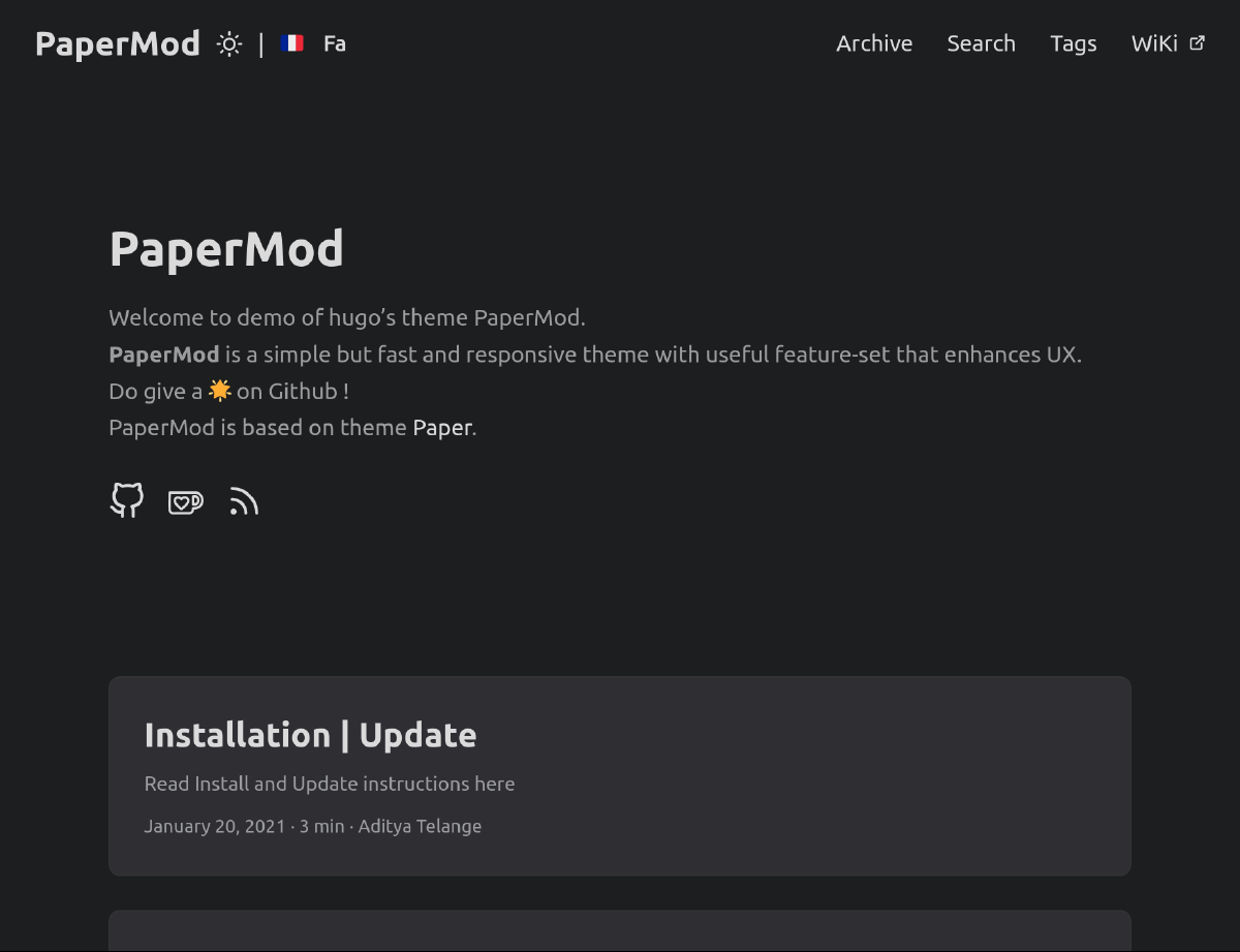 A screenshot of the PaperMod theme at the time of writing.